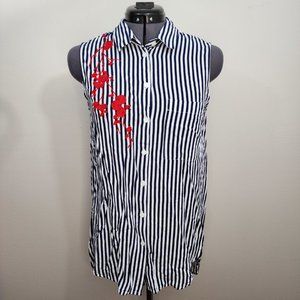 Velvet Heart, Navy Blue Striped, Sleeveless Top with Red Floral Embroidery.